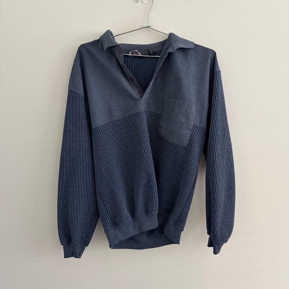 Knightsbridge For Men Vintage Blue Ribbed Knit Mixed Media Polo Sweater